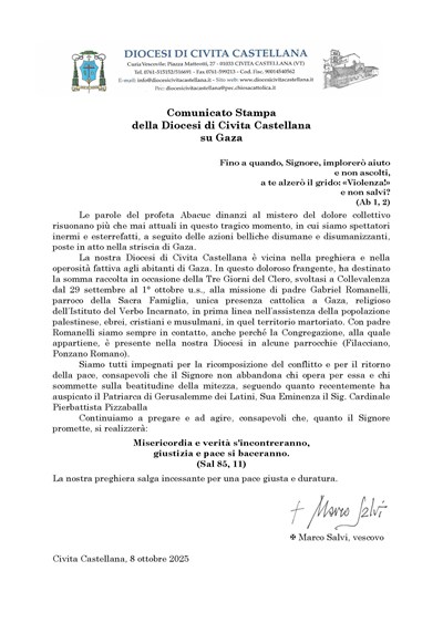 Comunicato Stampa della Diocesi di Civita Castellana su Gaza
